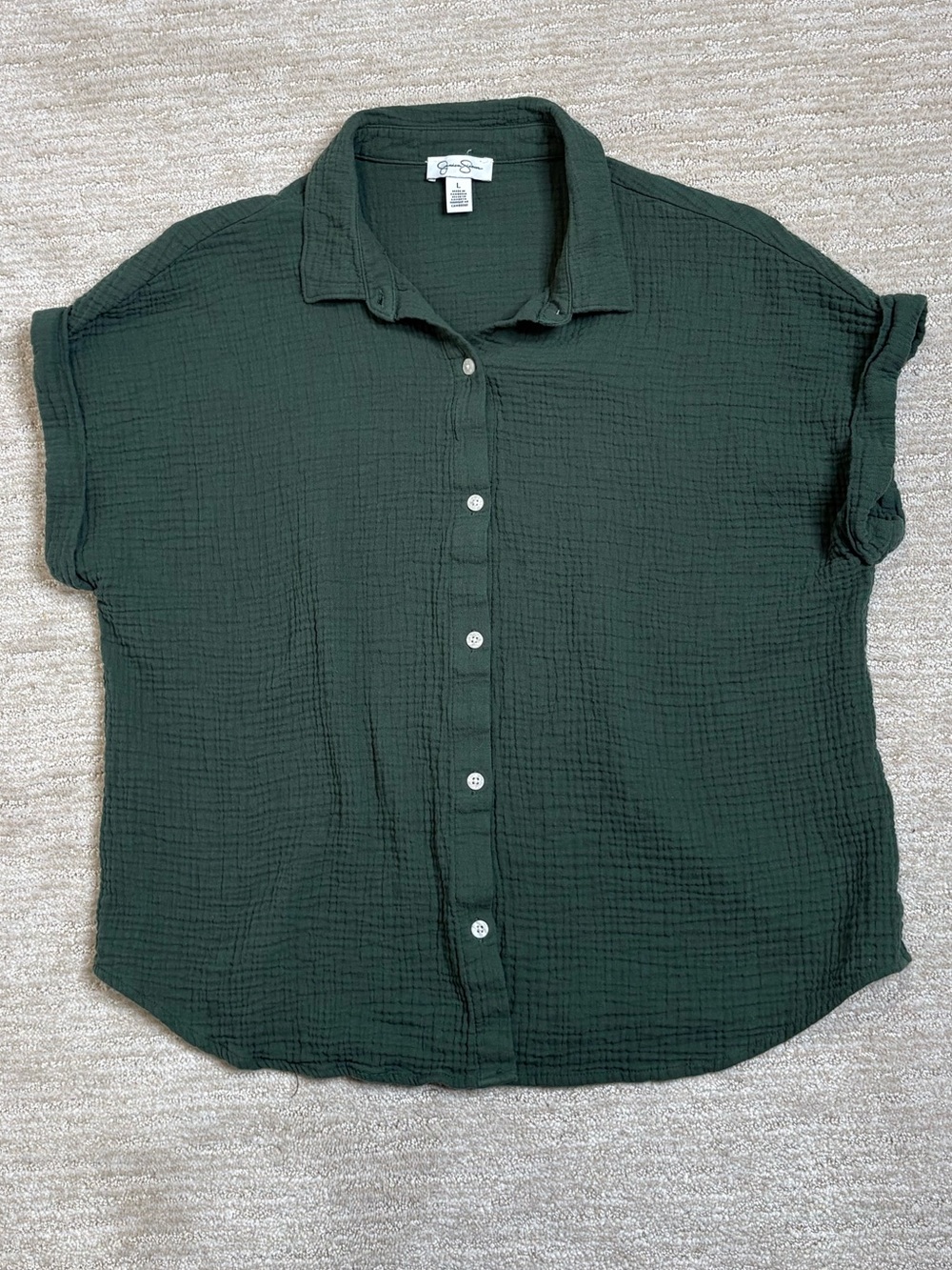 Jessica Simpson Cotton Gauze Short Sleeve Shirt Womens Size Large Forest Green - Picture 10 of 10